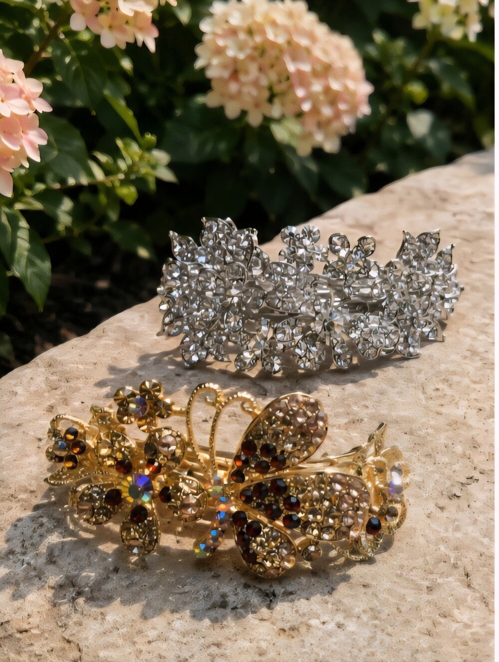 Crystal Floral Silver/ Gold Hair Barrette - Women Accessories